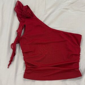Garage Red One-Shoulder Top with Floral Accent